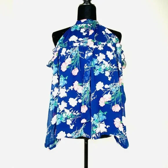 C Boho Chic Floral Blouse Chiffon Cold ShoulderBlue Top By C Size Small - Picture 1 of 8